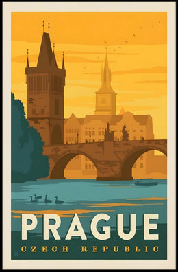 Prague Vintage Travel Poster: Iconic Charles Bridge Scene PosterGoat