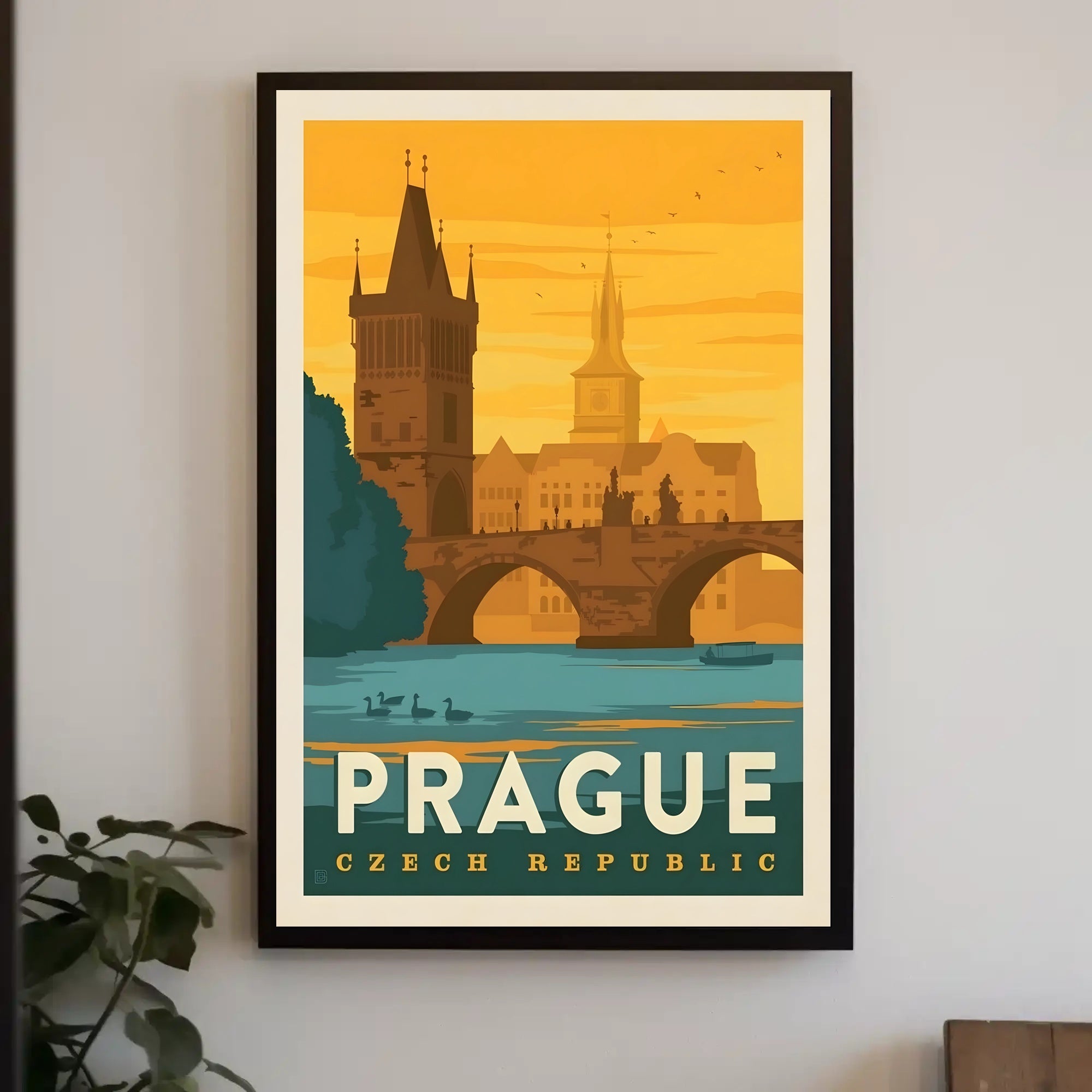 Prague Vintage Travel Poster: Iconic Charles Bridge Scene PosterGoat