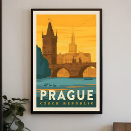 Prague Vintage Travel Poster: Iconic Charles Bridge Scene PosterGoat