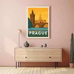Prague Vintage Travel Poster: Iconic Charles Bridge Scene PosterGoat
