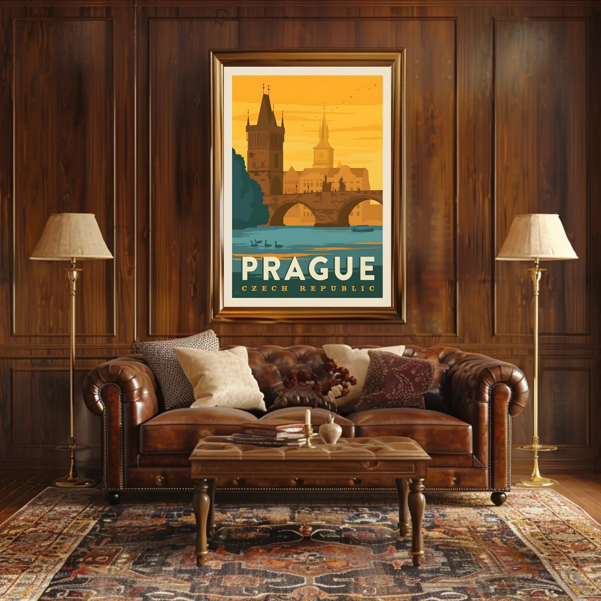 Prague Vintage Travel Poster: Iconic Charles Bridge Scene PosterGoat