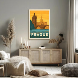 Prague Vintage Travel Poster: Iconic Charles Bridge Scene PosterGoat