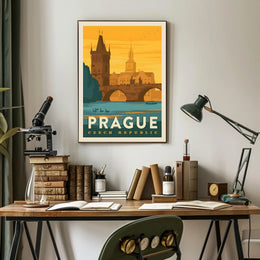 Prague Vintage Travel Poster: Iconic Charles Bridge Scene PosterGoat