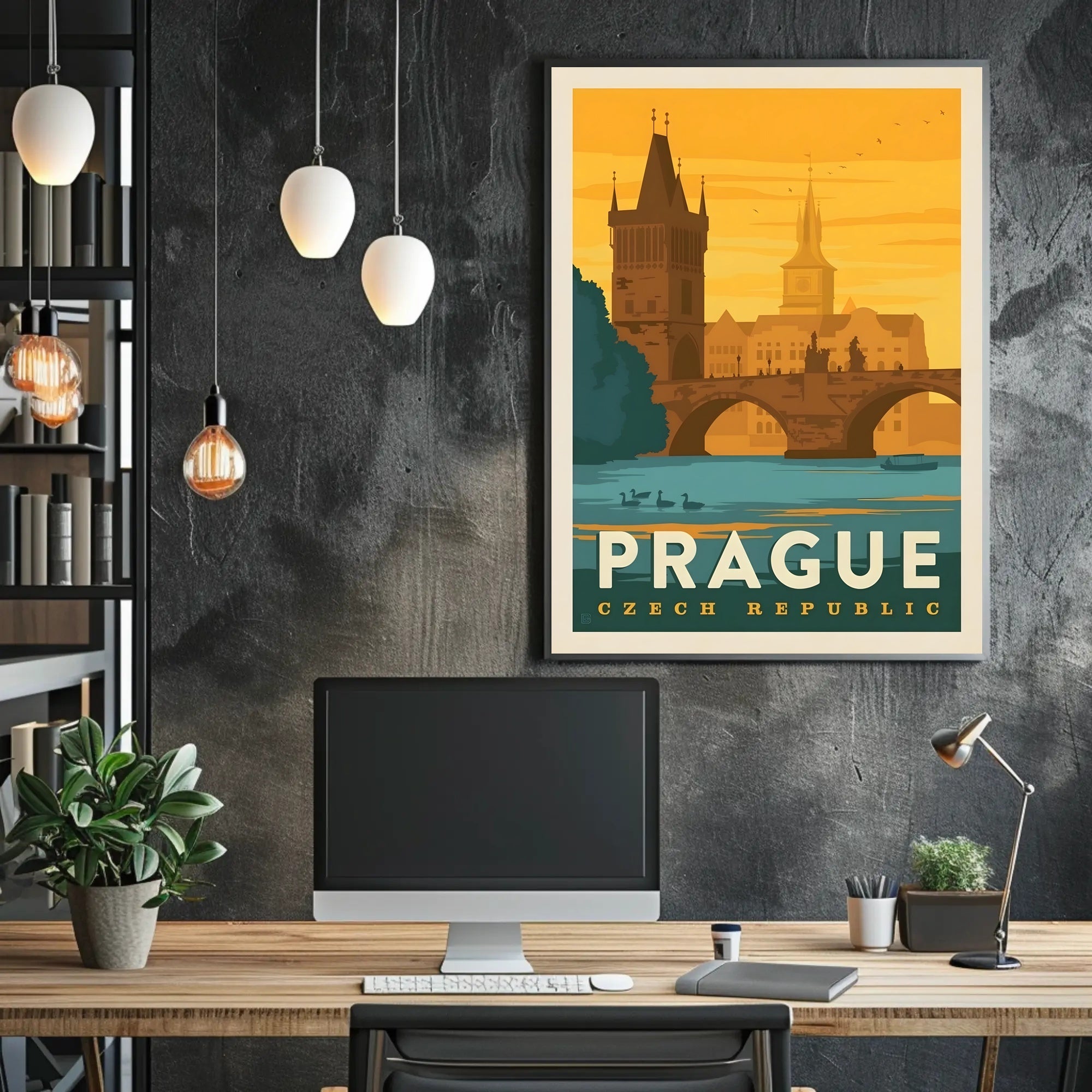 Prague Vintage Travel Poster: Iconic Charles Bridge Scene PosterGoat