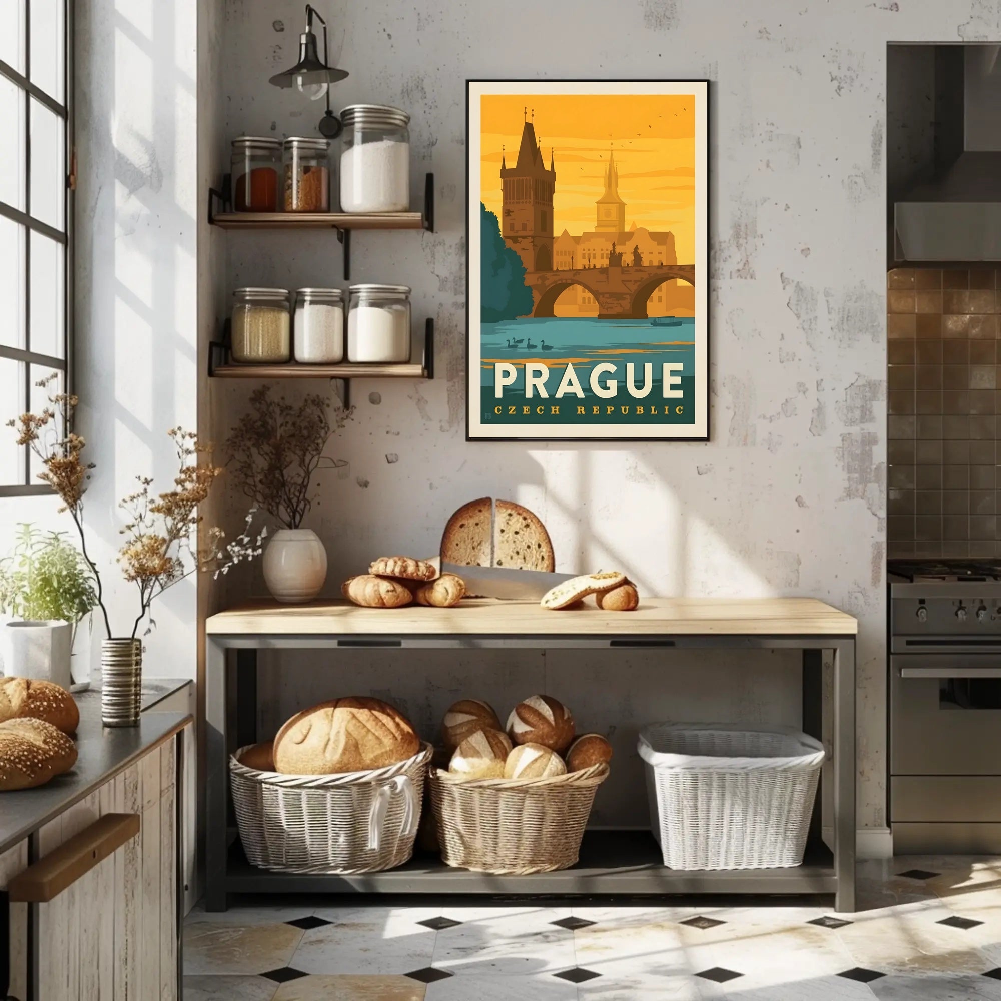 Prague Vintage Travel Poster: Iconic Charles Bridge Scene PosterGoat