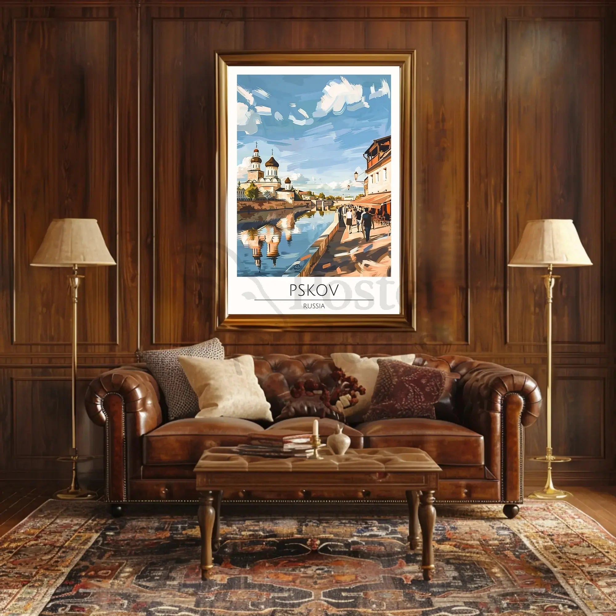 Pskov Cityscape with Iconic Russian Church Cultural Poster PosterGoat