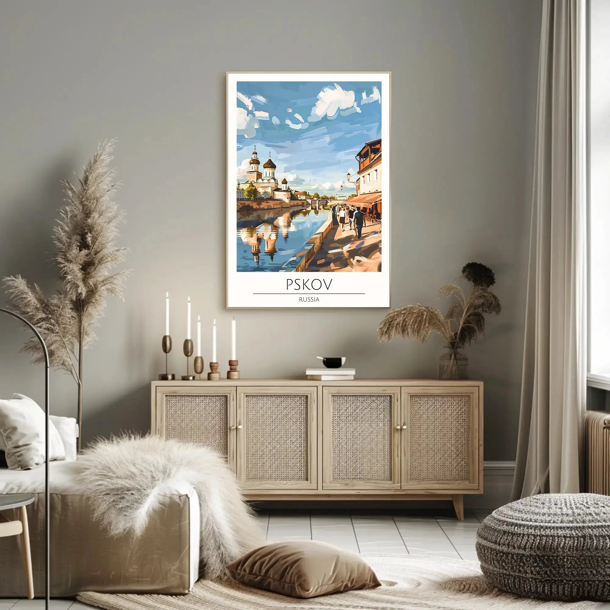 Pskov Cityscape with Iconic Russian Church Cultural Poster PosterGoat