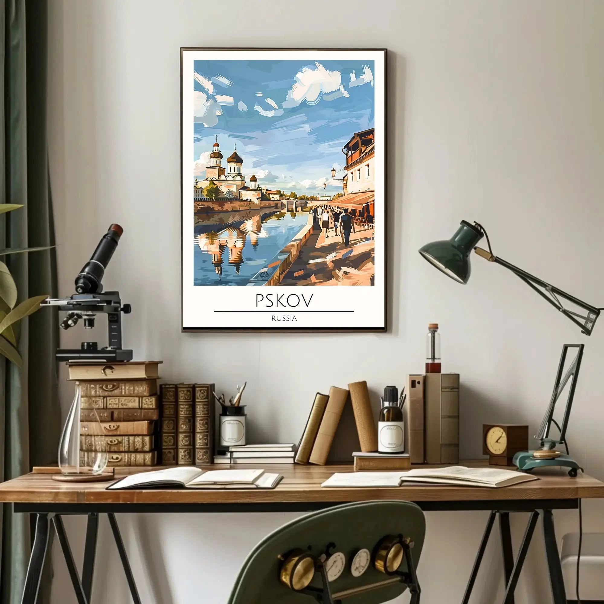 Pskov Cityscape with Iconic Russian Church Cultural Poster PosterGoat