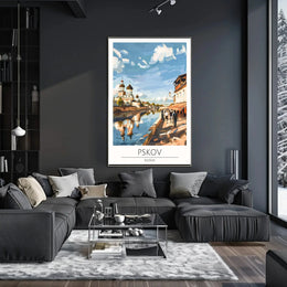 Pskov Cityscape with Iconic Russian Church Cultural Poster PosterGoat