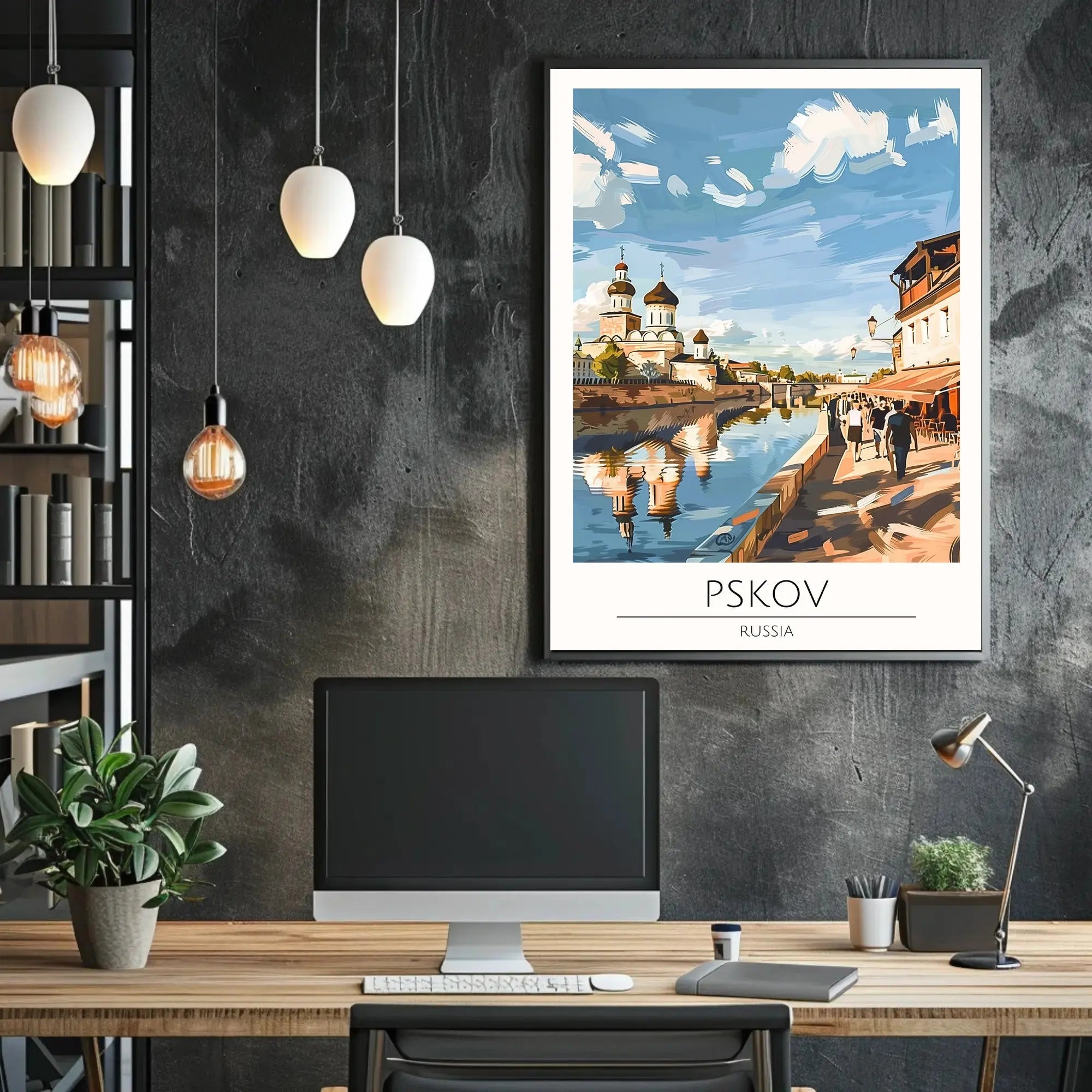 Pskov Cityscape with Iconic Russian Church Cultural Poster PosterGoat