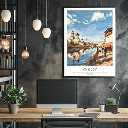 Pskov Cityscape with Iconic Russian Church Cultural Poster PosterGoat