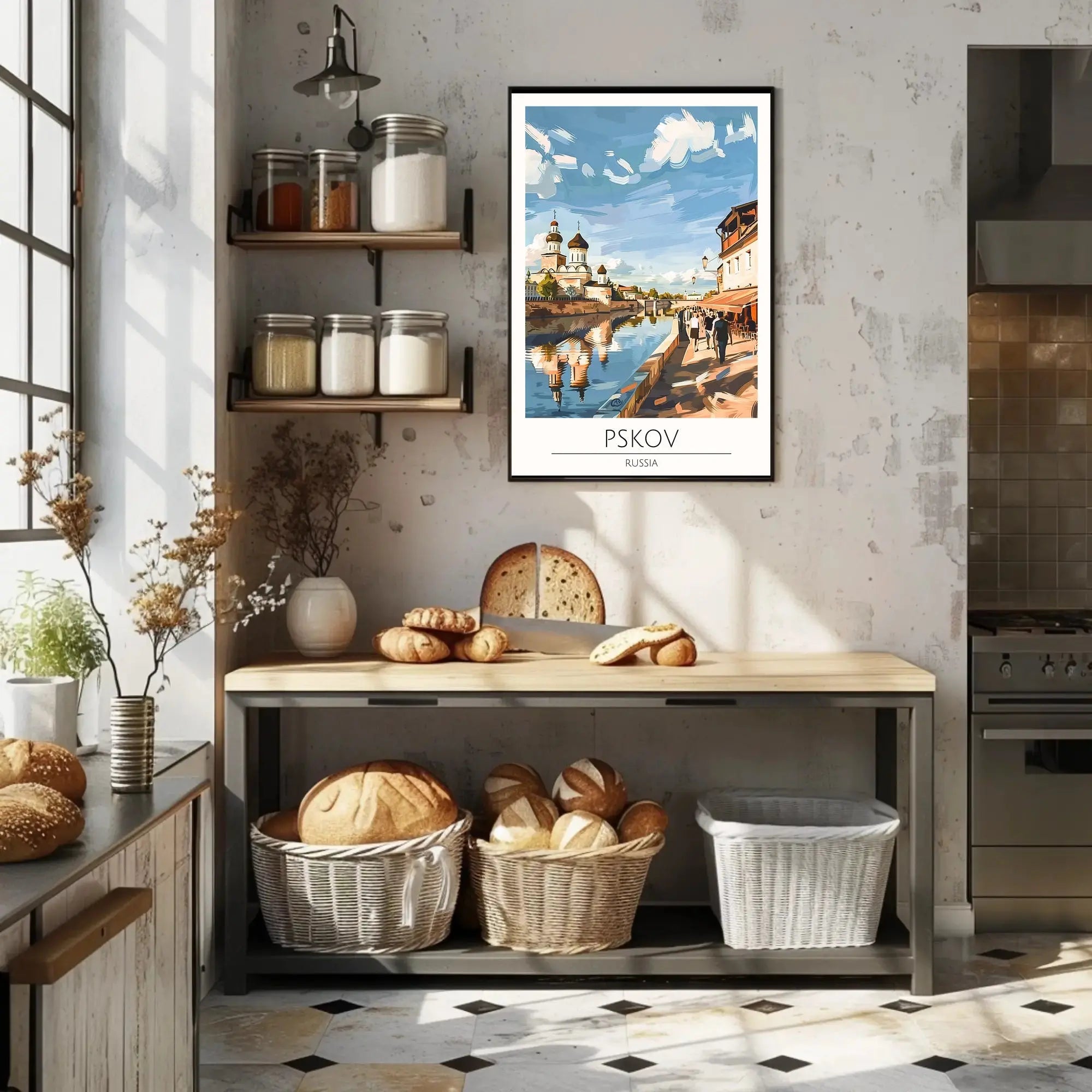 Pskov Cityscape with Iconic Russian Church Cultural Poster PosterGoat