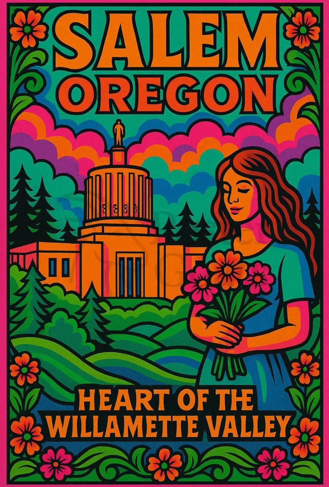 Psychedelic Vibrant Salem Oregon Travel Poster PosterGoat