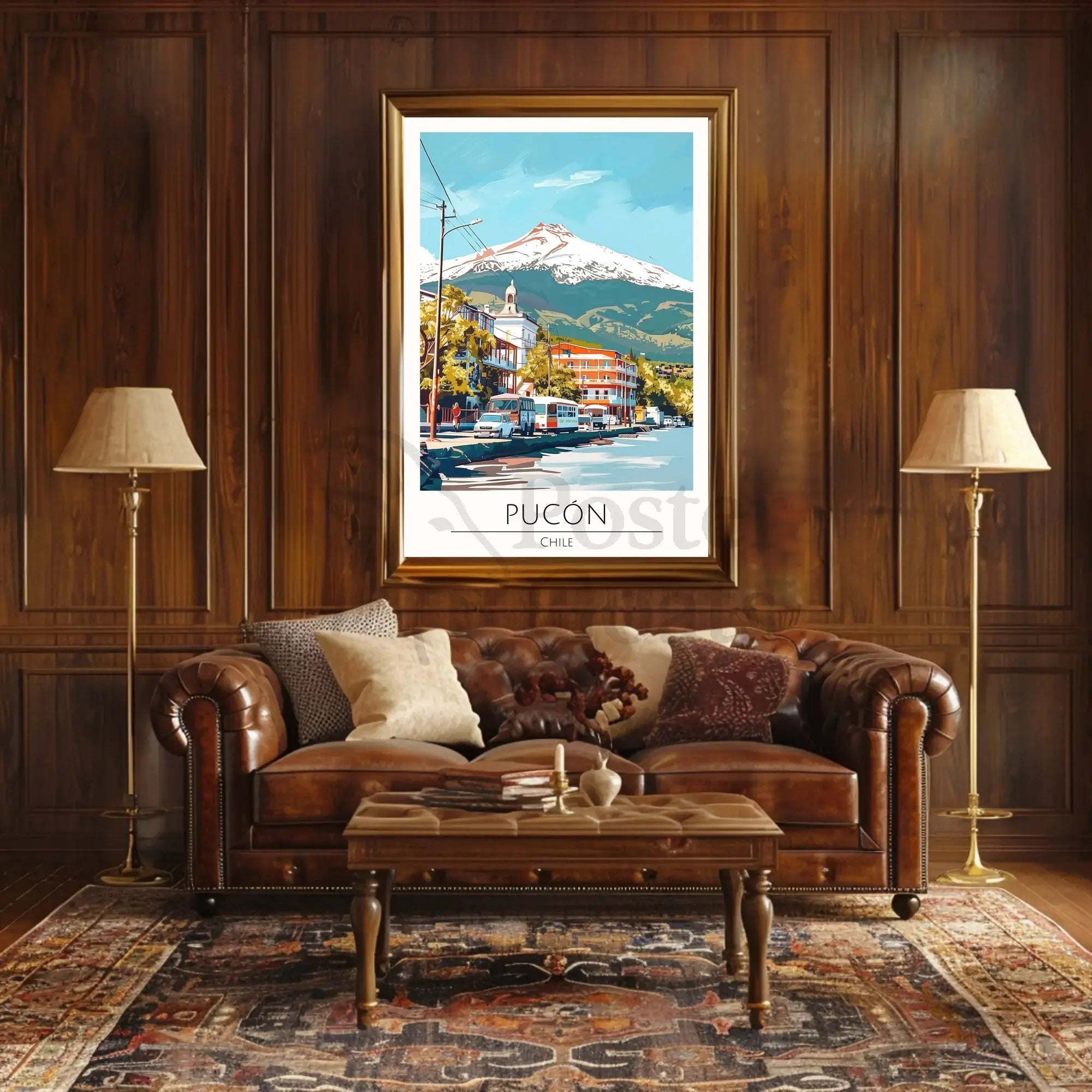 Pucón Chile Travel Poster Art Print with Villarrica Volcano PosterGoat