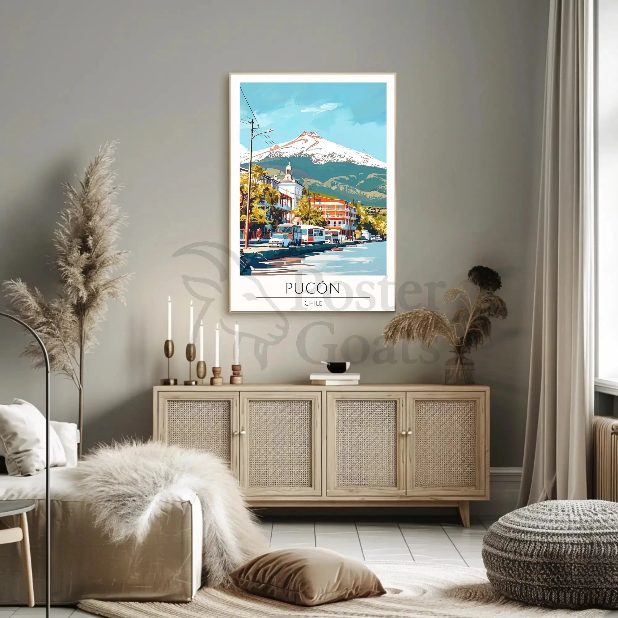Pucón Chile Travel Poster Art Print with Villarrica Volcano PosterGoat