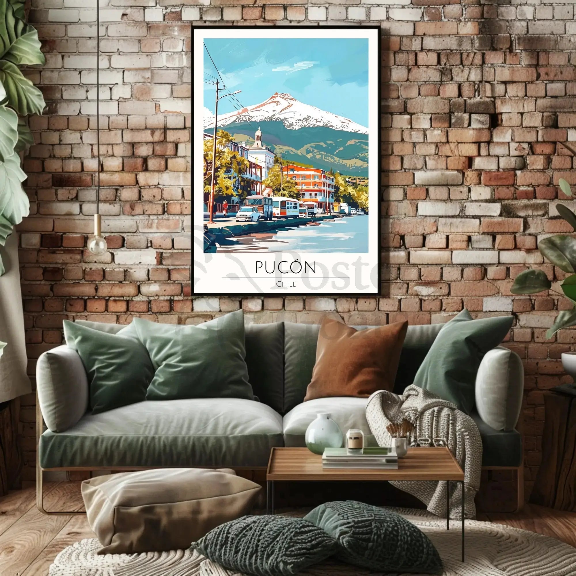 Pucón Chile Travel Poster Art Print with Villarrica Volcano PosterGoat