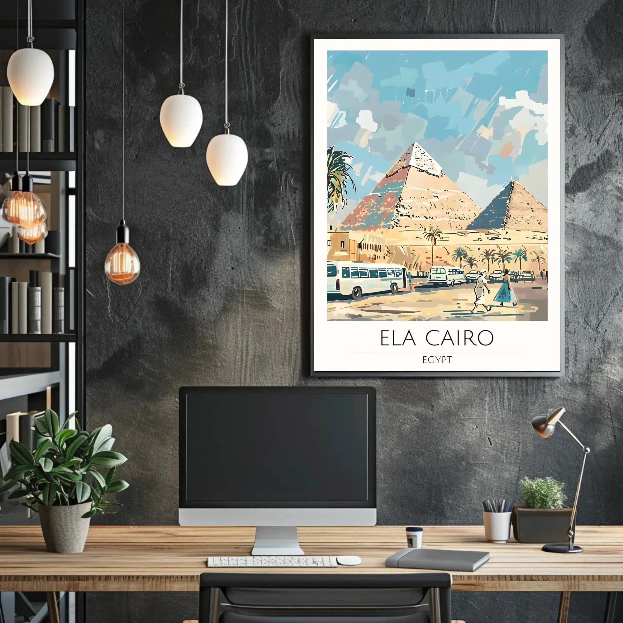 Pyramids of Giza Travel Poster with Contemporary Cairo Scene PosterGoat