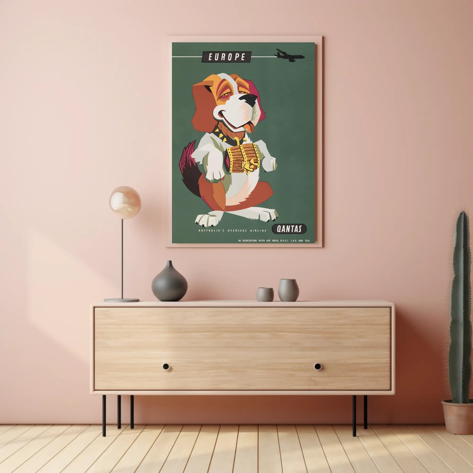 Qantas Europe Travel Poster with Mid-Century St. Bernard Design PosterGoat