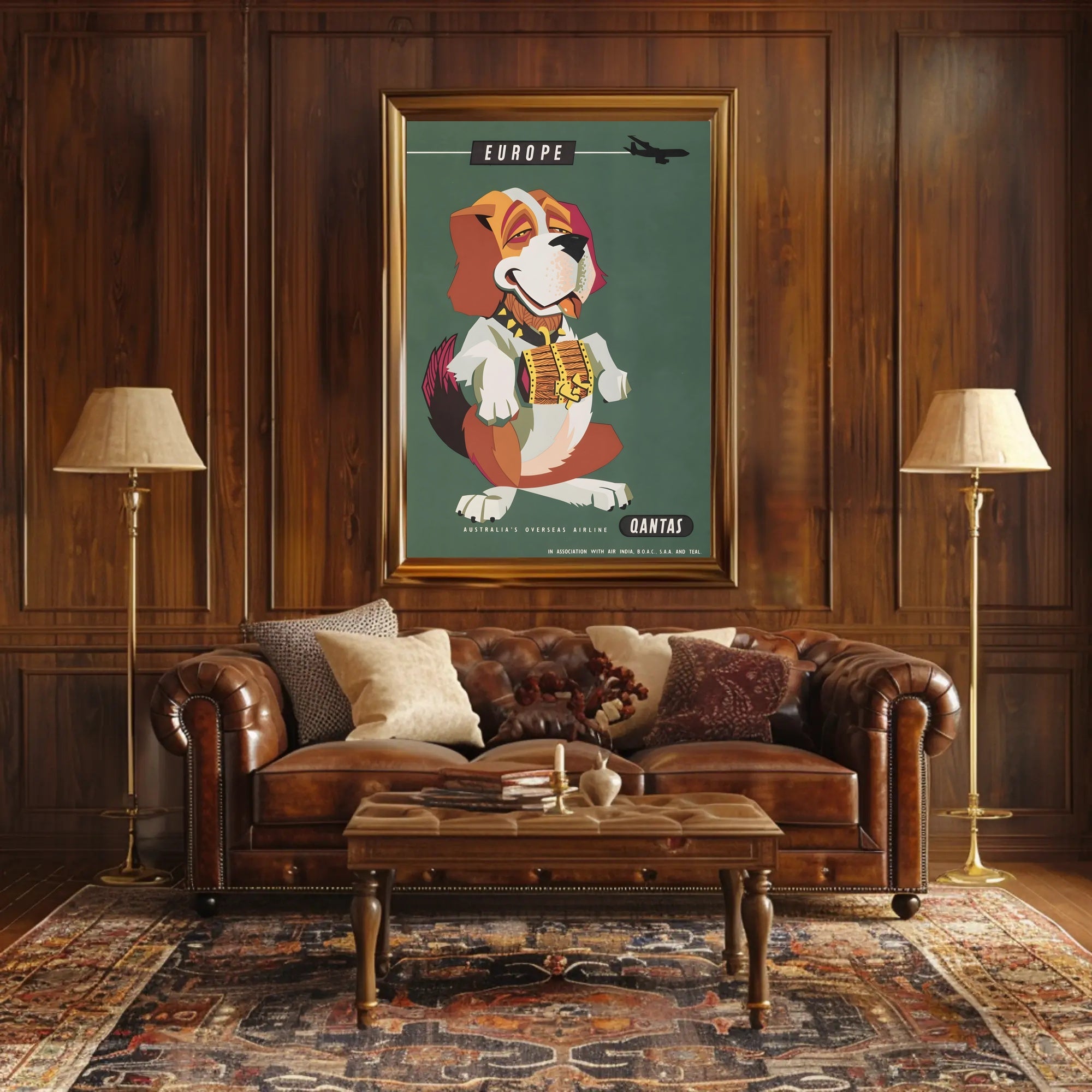 Qantas Europe Travel Poster with Mid-Century St. Bernard Design PosterGoat