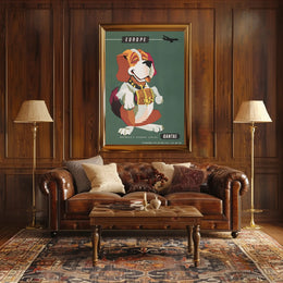 Qantas Europe Travel Poster with Mid-Century St. Bernard Design PosterGoat