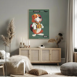 Qantas Europe Travel Poster with Mid-Century St. Bernard Design PosterGoat