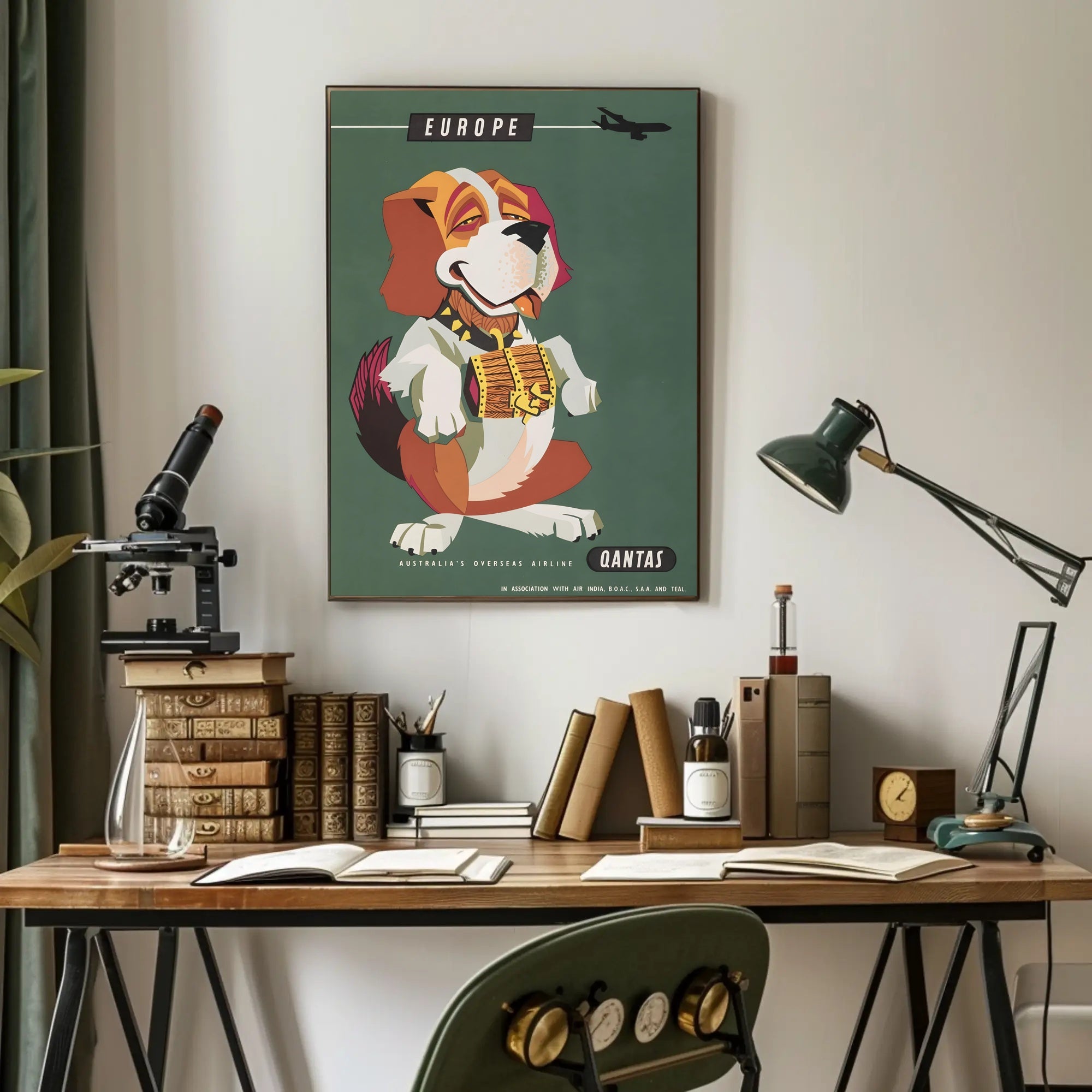 Qantas Europe Travel Poster with Mid-Century St. Bernard Design PosterGoat