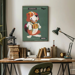 Qantas Europe Travel Poster with Mid-Century St. Bernard Design PosterGoat