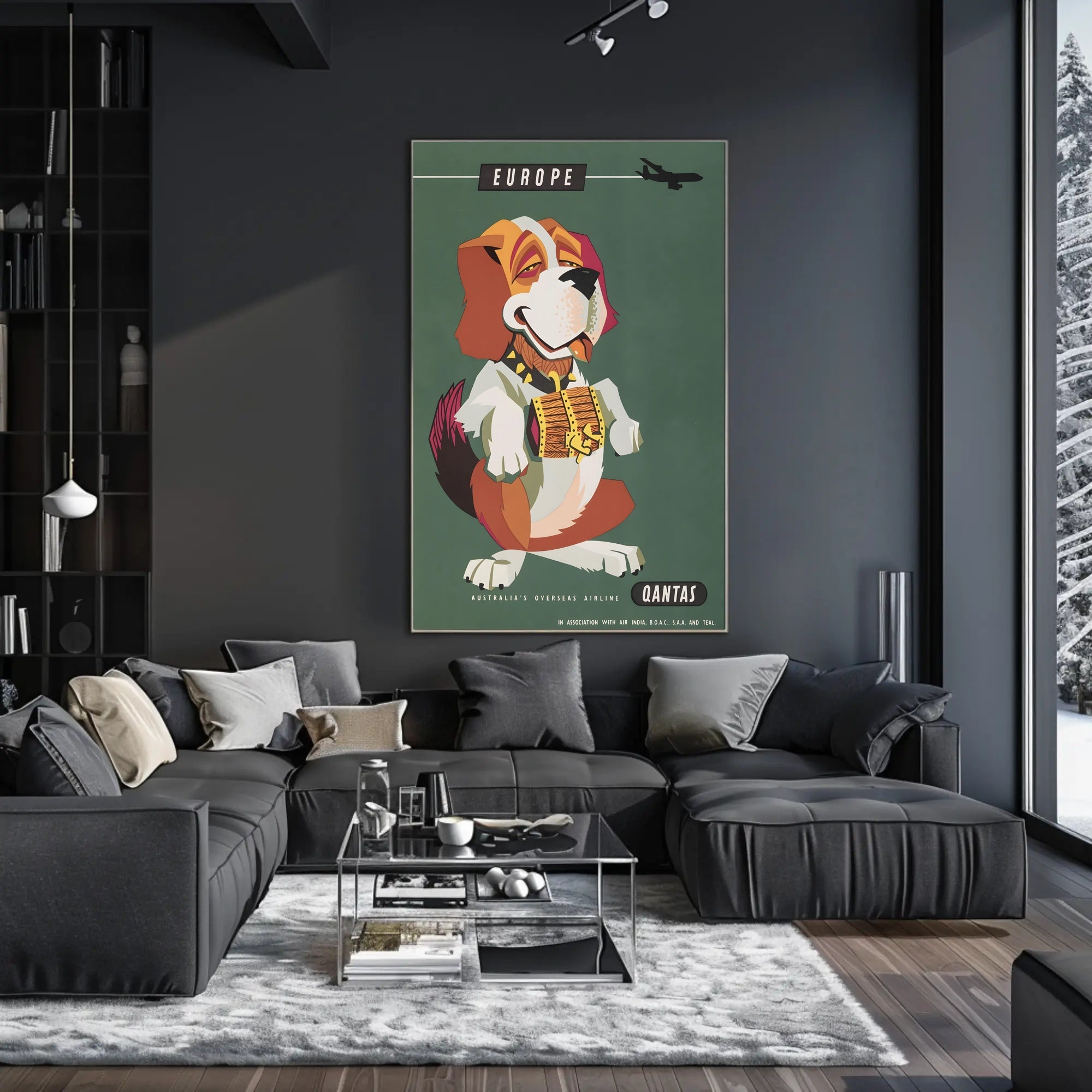 Qantas Europe Travel Poster with Mid-Century St. Bernard Design PosterGoat