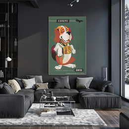 Qantas Europe Travel Poster with Mid-Century St. Bernard Design PosterGoat