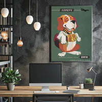 Qantas Europe Travel Poster with Mid-Century St. Bernard Design PosterGoat