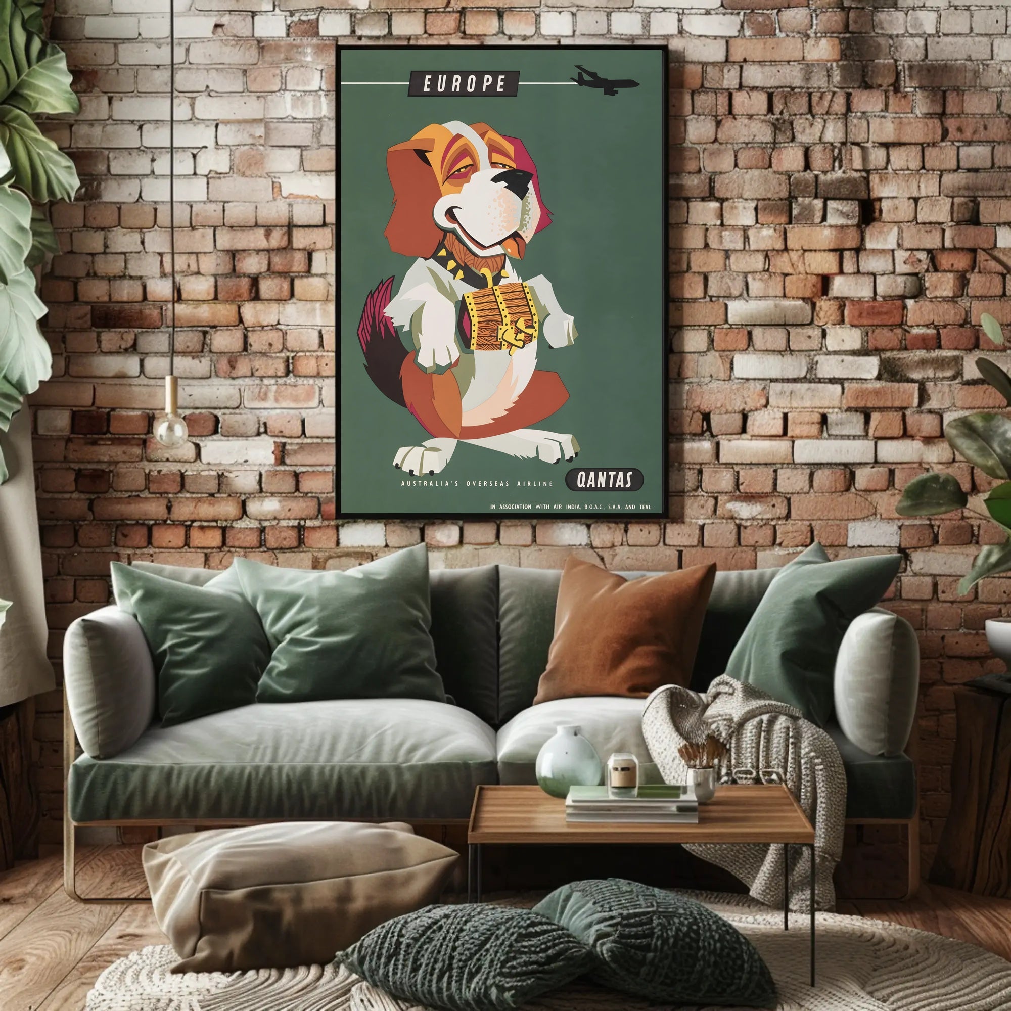 Qantas Europe Travel Poster with Mid-Century St. Bernard Design PosterGoat