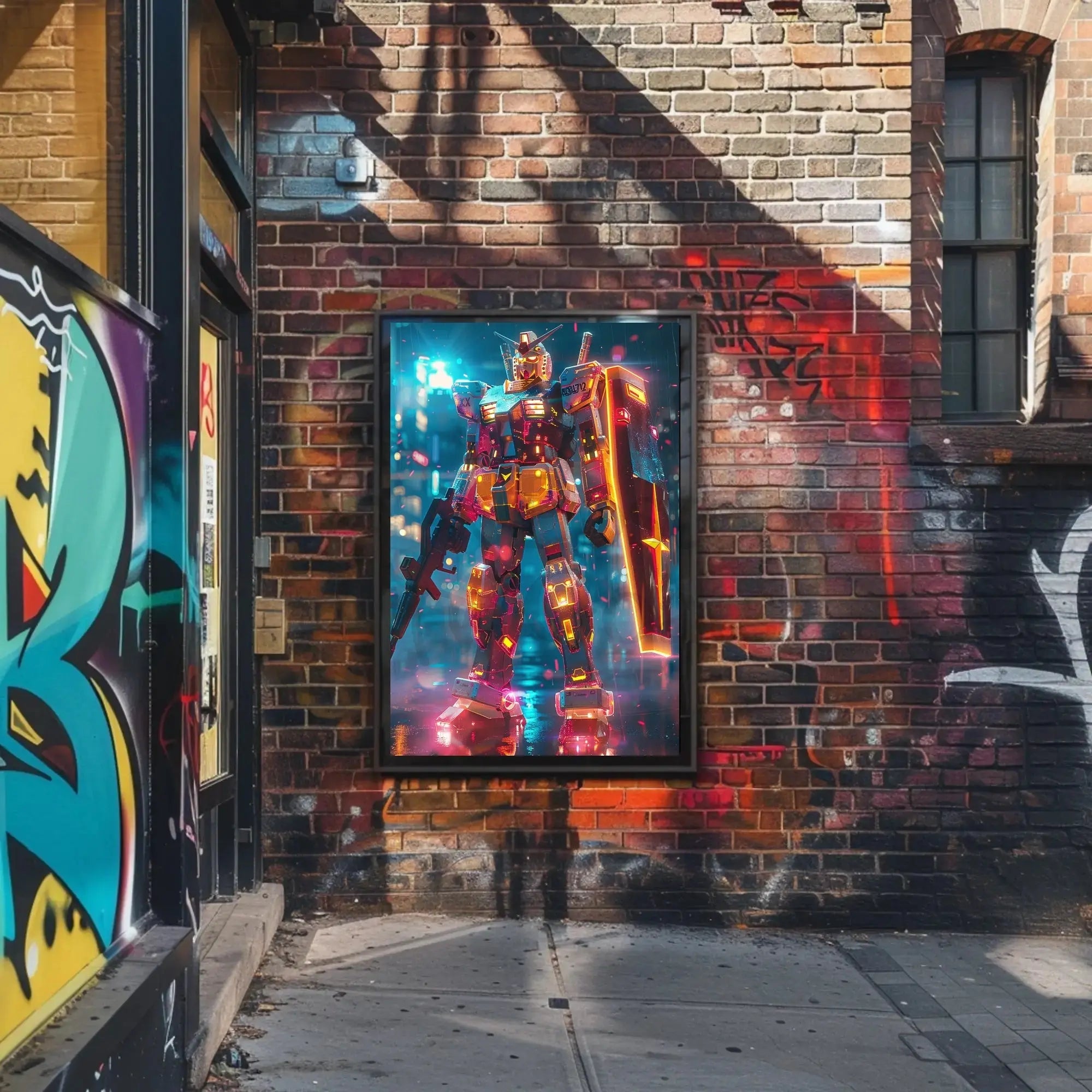 RX-78-2 Mech in Cyberpunk City Futuristic Sci-Fi Poster PosterGoat