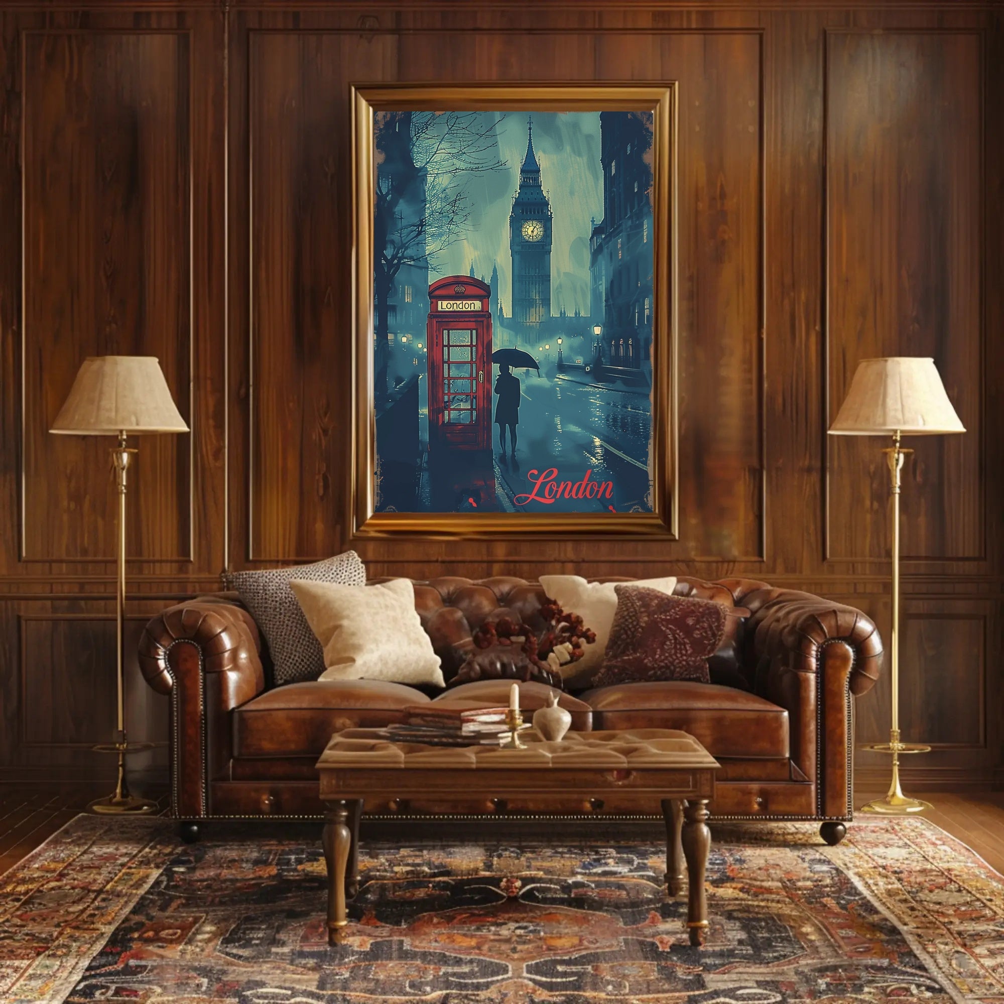 Rainy London Evening Red Phone Booth Urban or Cityscape Poster PosterGoat