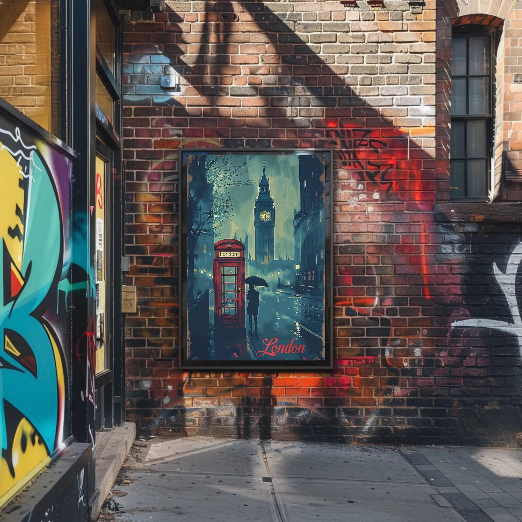 Rainy London Evening Red Phone Booth Urban or Cityscape Poster PosterGoat
