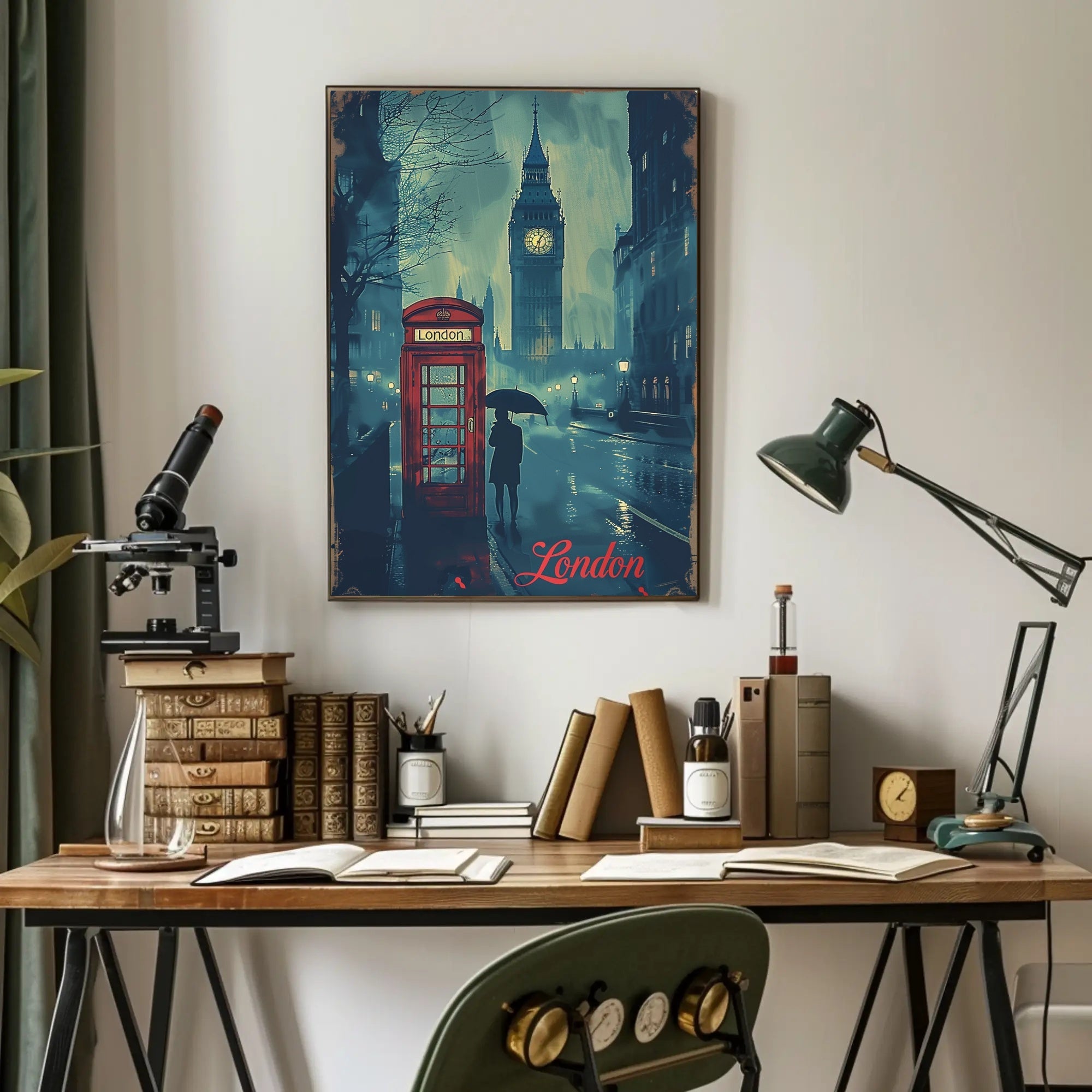 Rainy London Evening Red Phone Booth Urban or Cityscape Poster PosterGoat