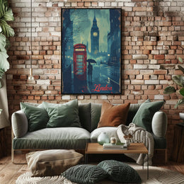 Rainy London Evening Red Phone Booth Urban or Cityscape Poster PosterGoat