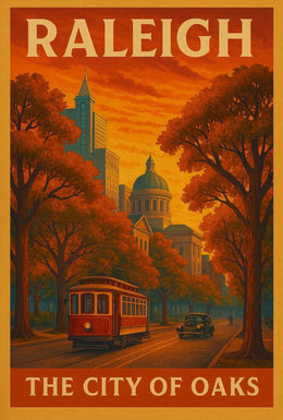 Raleigh Vintage Trolley Scene Travel Poster PosterGoat