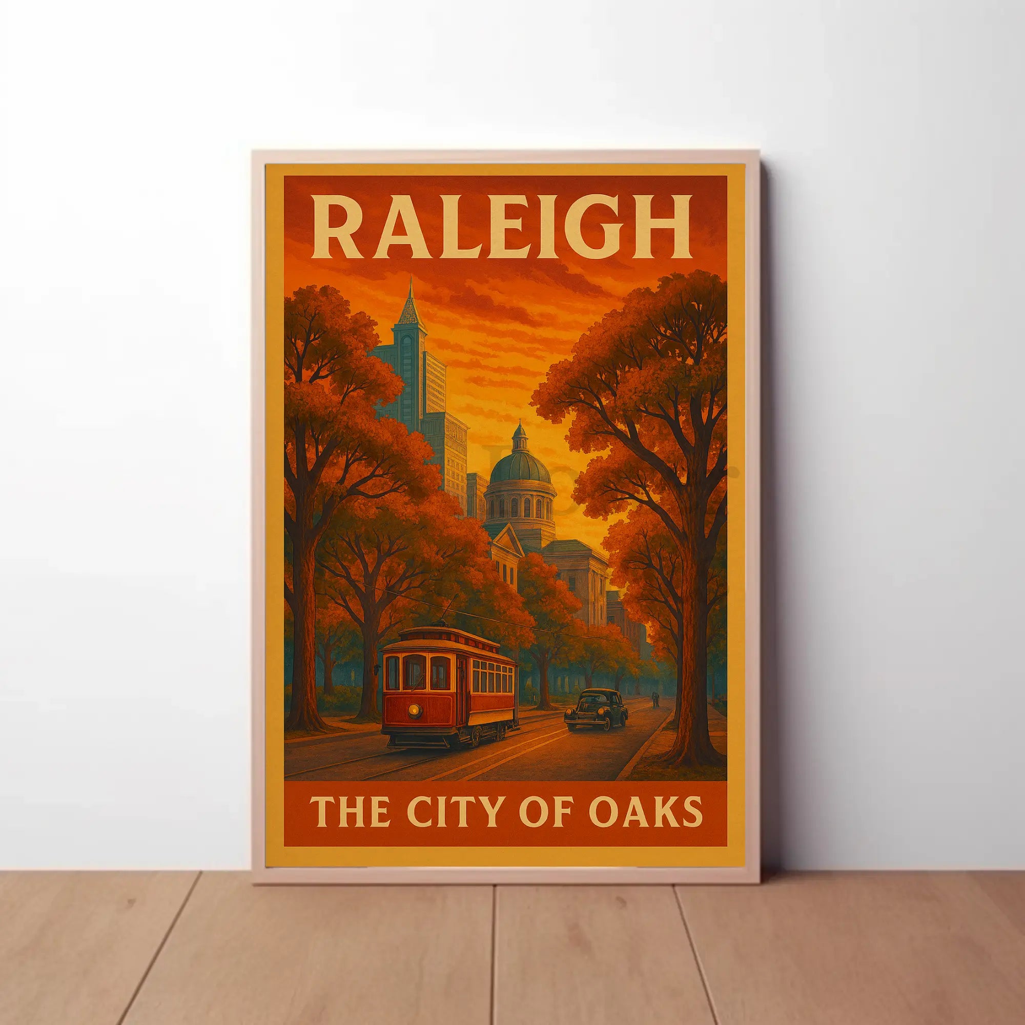 Raleigh Vintage Trolley Scene Travel Poster PosterGoat