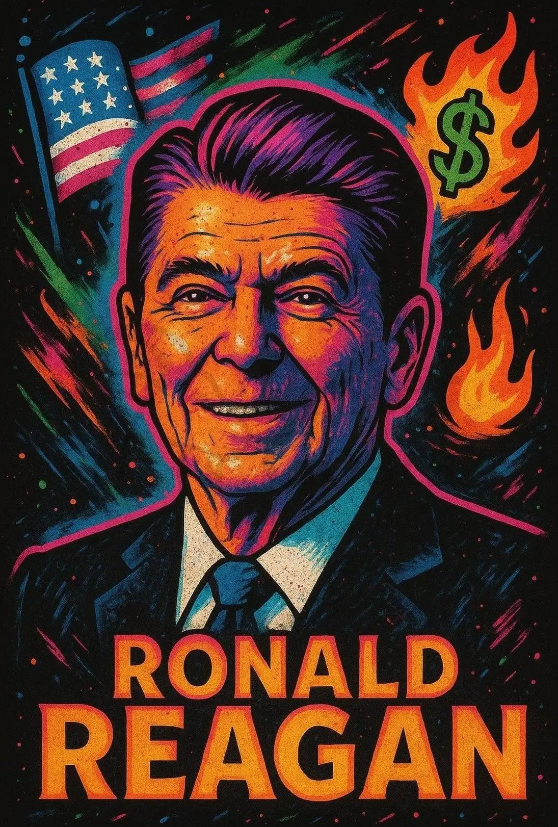 Reagan's Fiery 1980s Pop Art Presidential Poster PosterGoat