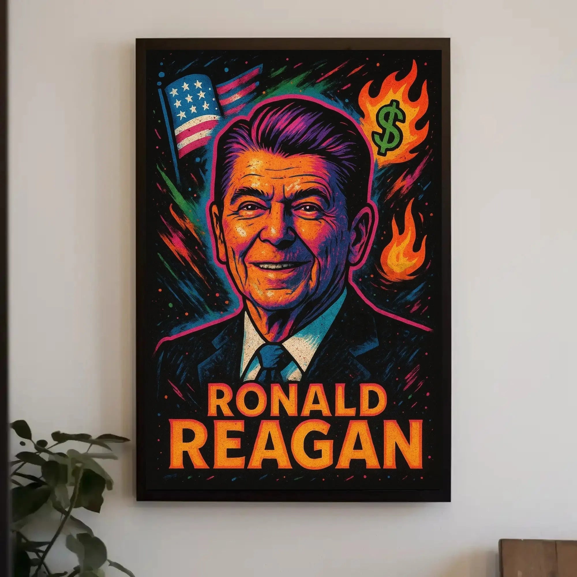 Reagan's Fiery 1980s Pop Art Presidential Poster PosterGoat