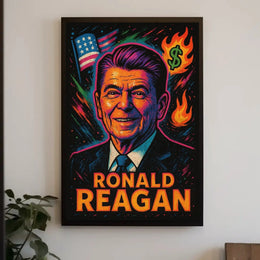 Reagan's Fiery 1980s Pop Art Presidential Poster PosterGoat