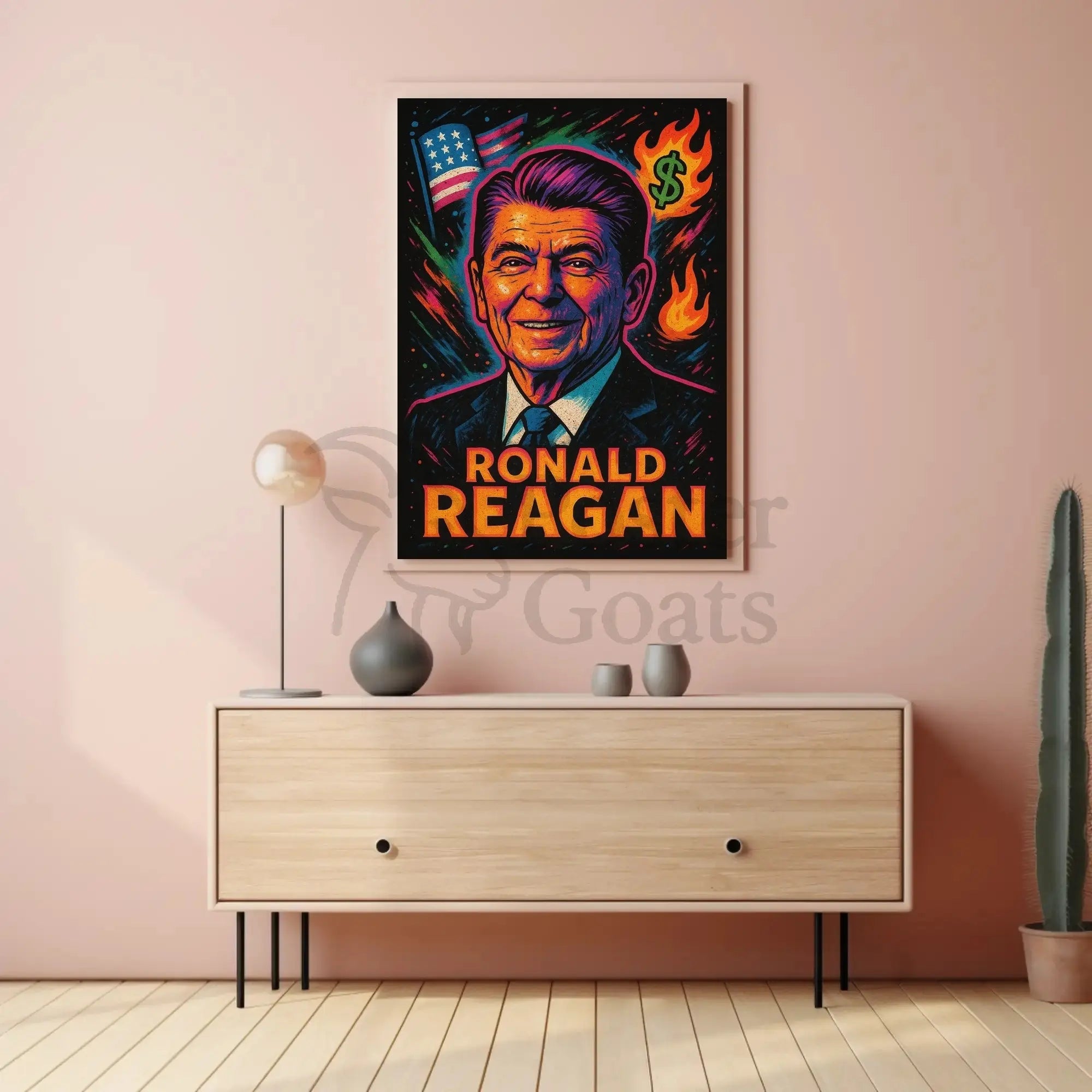 Reagan's Fiery 1980s Pop Art Presidential Poster PosterGoat