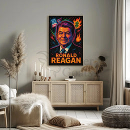 Reagan's Fiery 1980s Pop Art Presidential Poster PosterGoat