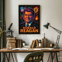 Reagan's Fiery 1980s Pop Art Presidential Poster PosterGoat