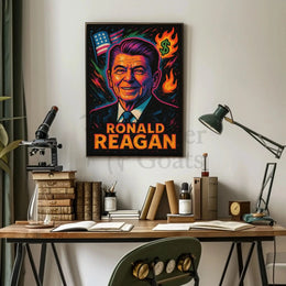 Reagan's Fiery 1980s Pop Art Presidential Poster PosterGoat