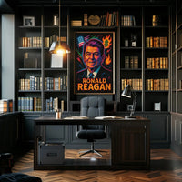 Reagan's Fiery 1980s Pop Art Presidential Poster PosterGoat