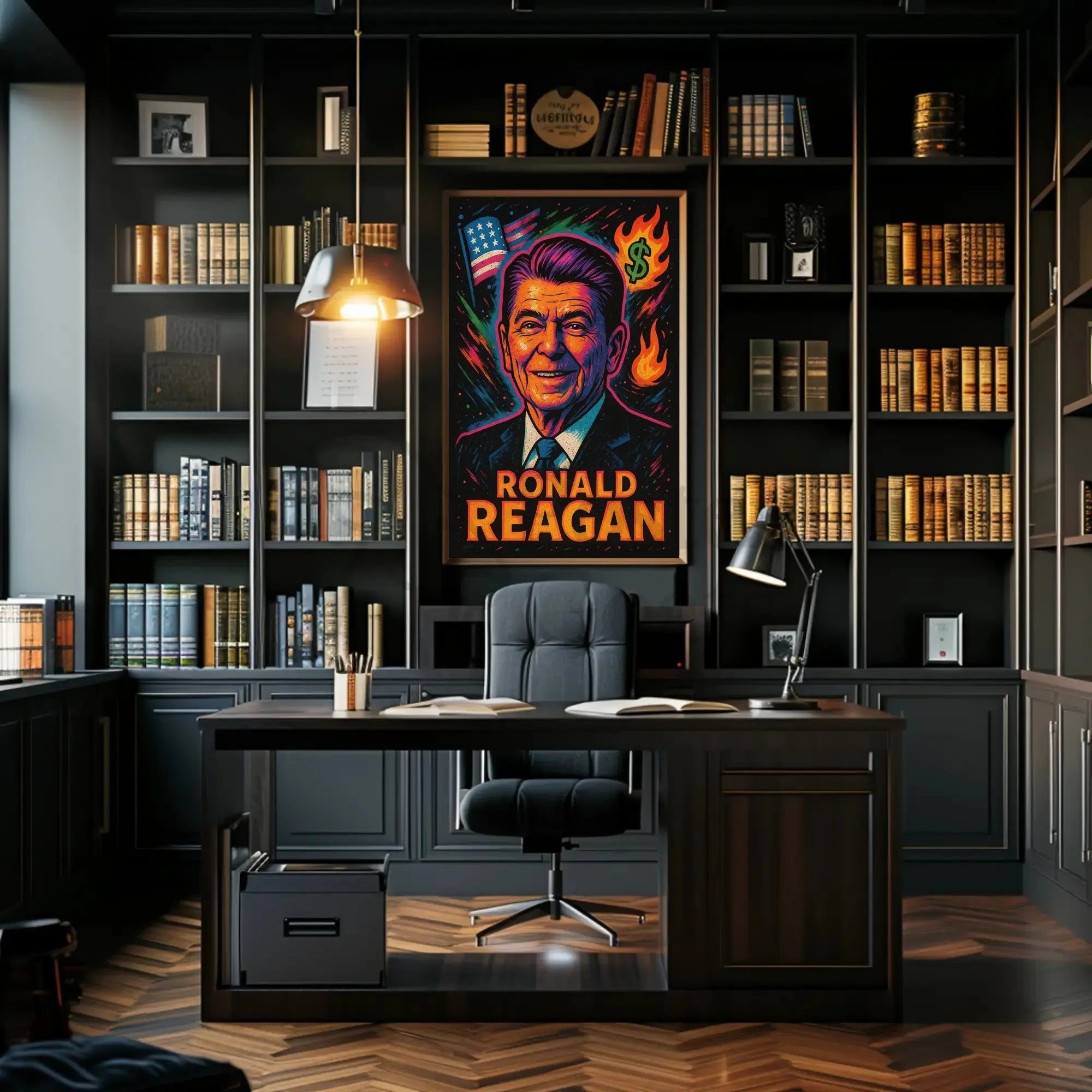 Reagan's Fiery 1980s Pop Art Presidential Poster PosterGoat