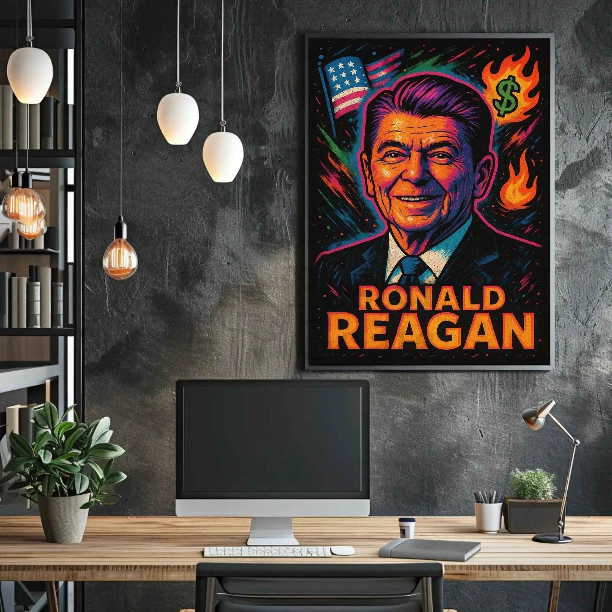 Reagan's Fiery 1980s Pop Art Presidential Poster PosterGoat