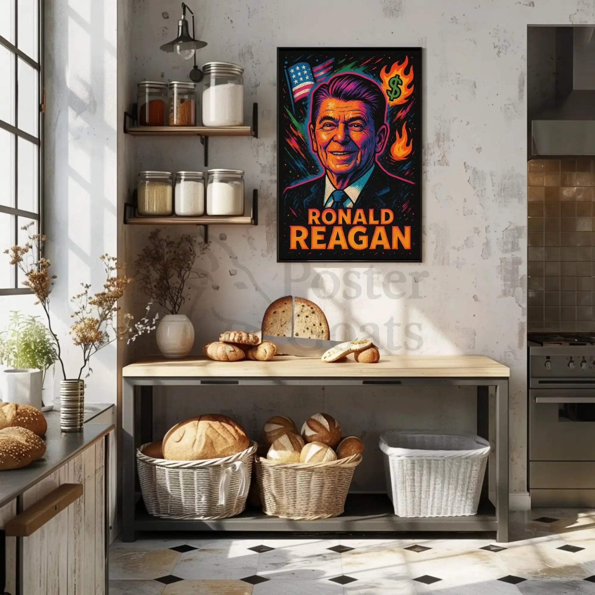Reagan's Fiery 1980s Pop Art Presidential Poster PosterGoat