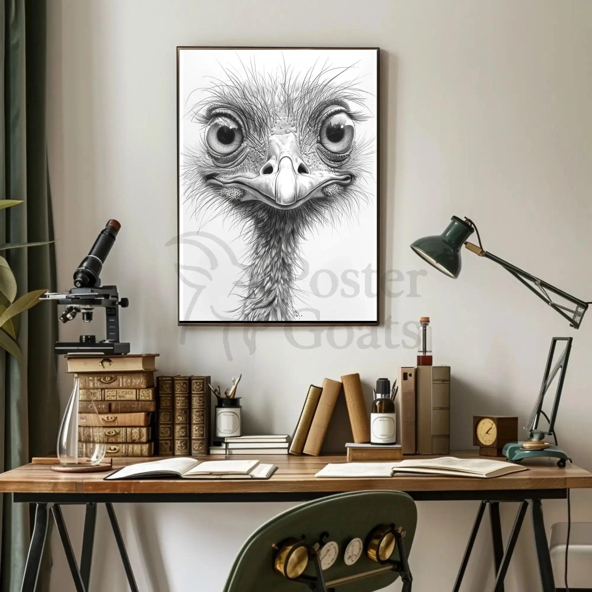 Realistic Whimsical Ostrich Illustration: Detailed Animal Poster PosterGoat